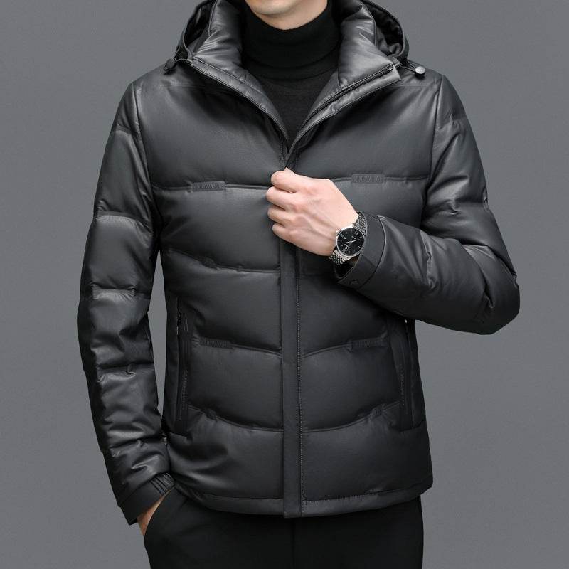 Men's Casual White Duck Down Coat - Premium Leather Hoodie for Warmth - Buy Center
