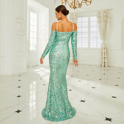 Buy Center Long Sleeve Off-the-Shoulder Fishtail Dress - Elegant Evening Style - Buy Center