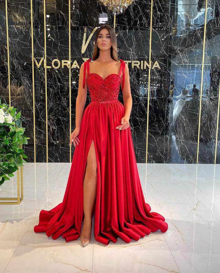 Buycenter Women's Red Evening Dress - Sleeveless V-Neck with Sequins - Buy Center