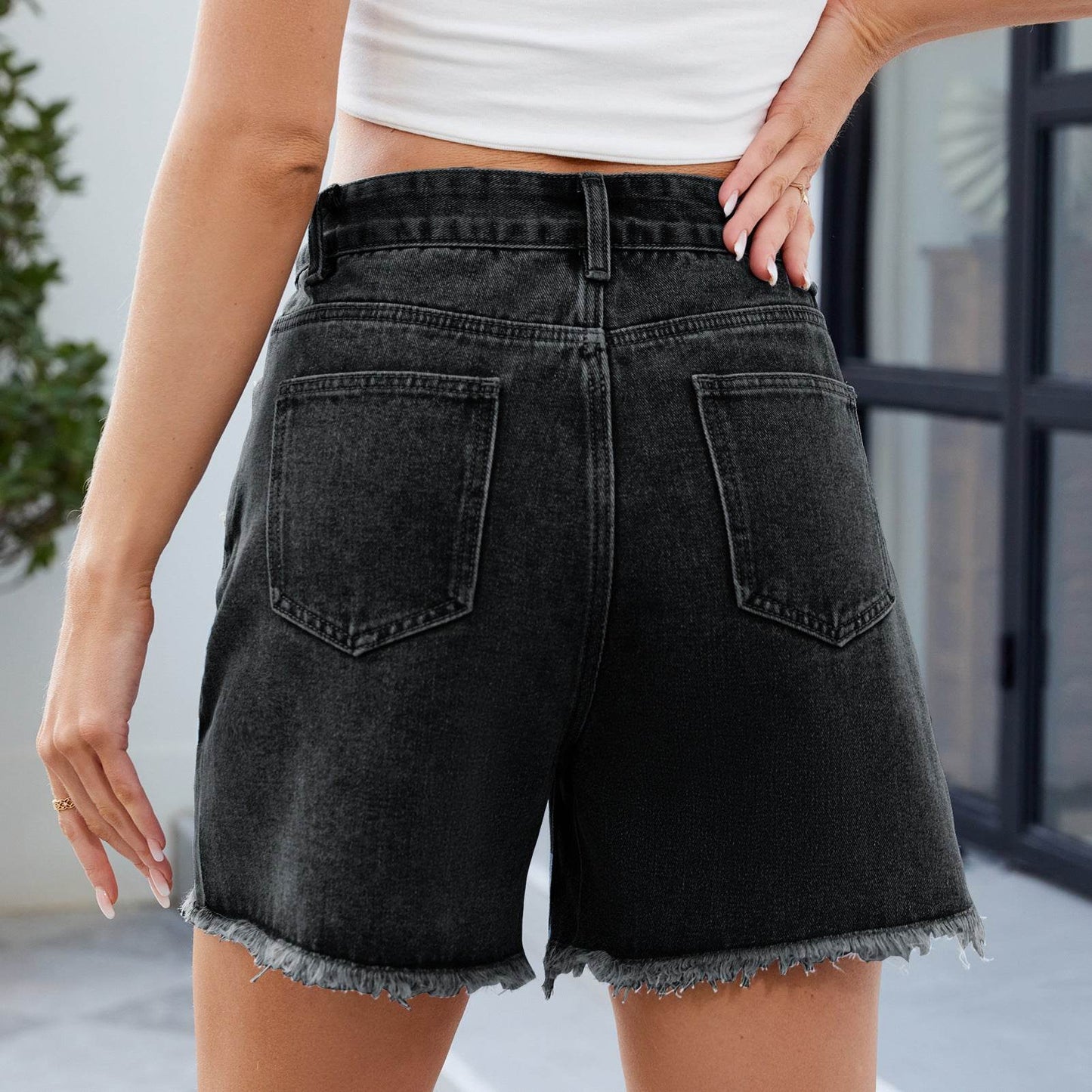 Buycenter Women's Washed Denim Shorts - Frayed Hem, Mid Waist Style - Buy Center