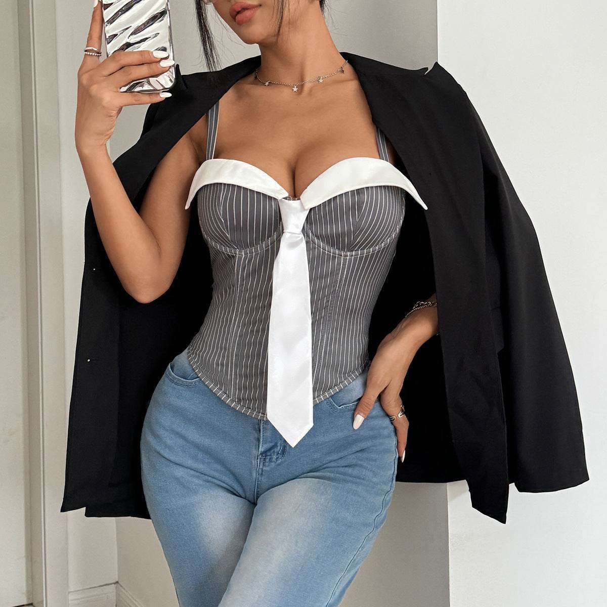 Chic Women's Slim Fit Tie Stitching Camisole - Trendy Fishbone Design - Buy Center