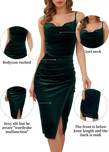 Buycenter Women's Velvet Sling Dress - Pleated Midi Evening Wear - Buy Center