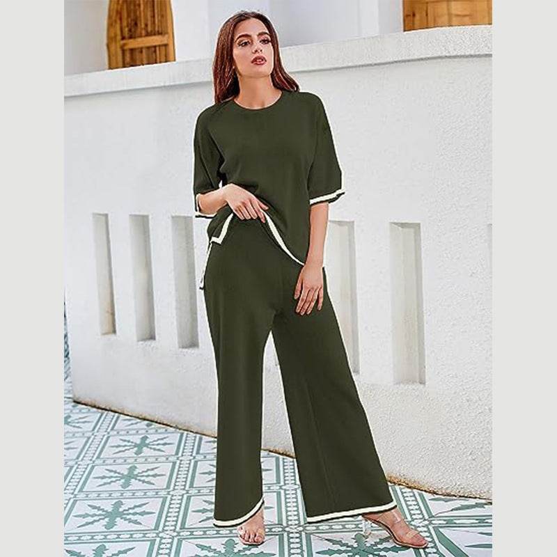 Buycenter New Knitting Suit - Short Sleeve Pullover & Wide Leg Pants - Buy Center