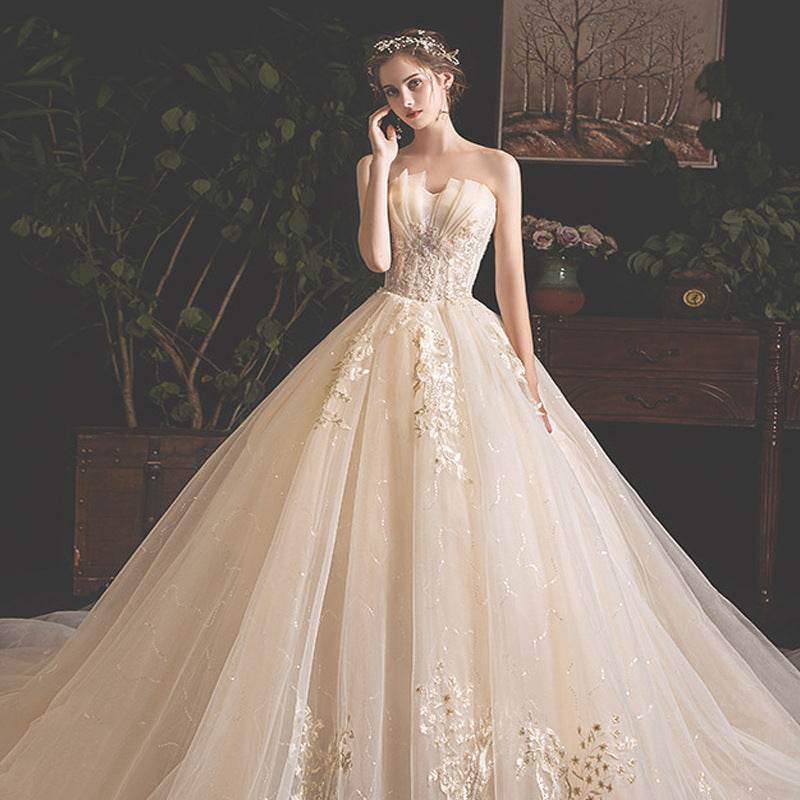 Elegant Bride Summer Tube Top Dress - Mori Style Trailing Skirt in Champagne - Buy Center