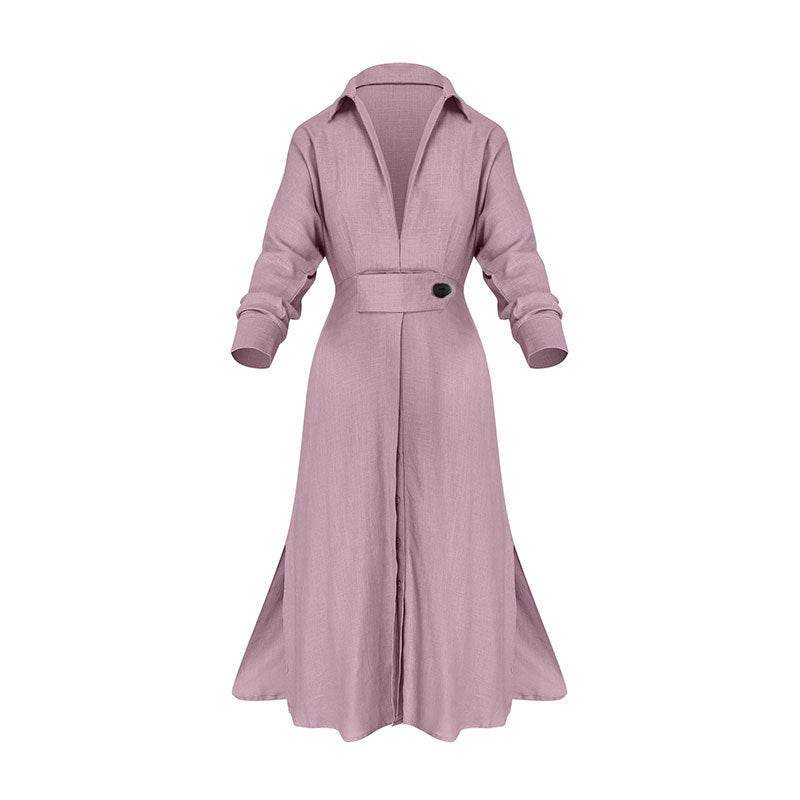 Buycenter Women's Long-Sleeved Dress - Elegant Tied Waist, Solid Colors - Buy Center