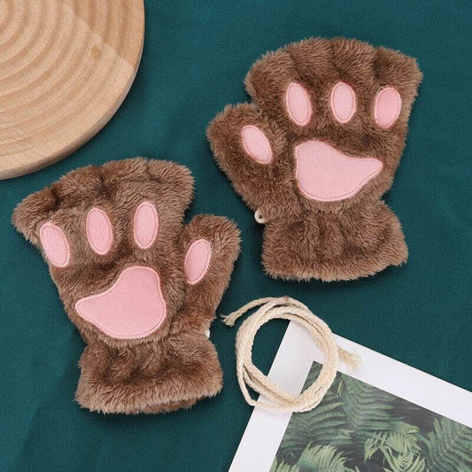 Women's Plush Cat Paw Gloves - Cozy Fingerless Mittens for Winter Style - Buy Center