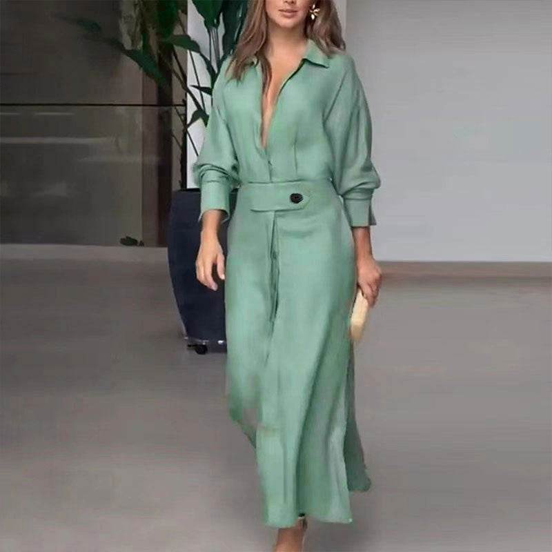 Buycenter Women's Long-Sleeved Dress - Elegant Tied Waist, Solid Colors - Buy Center
