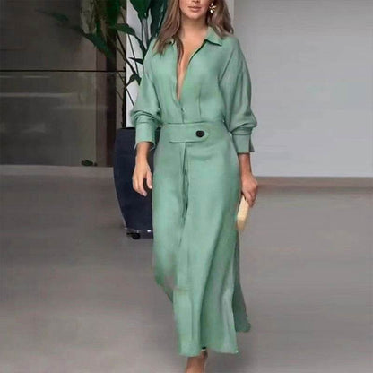 Buycenter Women's Long-Sleeved Dress - Elegant Tied Waist, Solid Colors - Buy Center