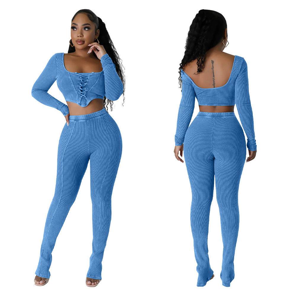 Buycenter Square Collar Skinny Pencil Pants - Stylish Two-Piece Suit - Buy Center