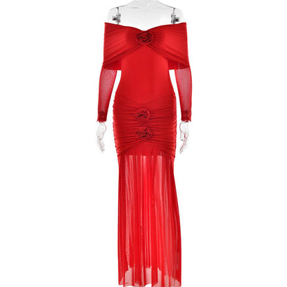 Buycenter Off-Shoulder Pleated Dress - Elegant High Waist Floral Style - Buy Center