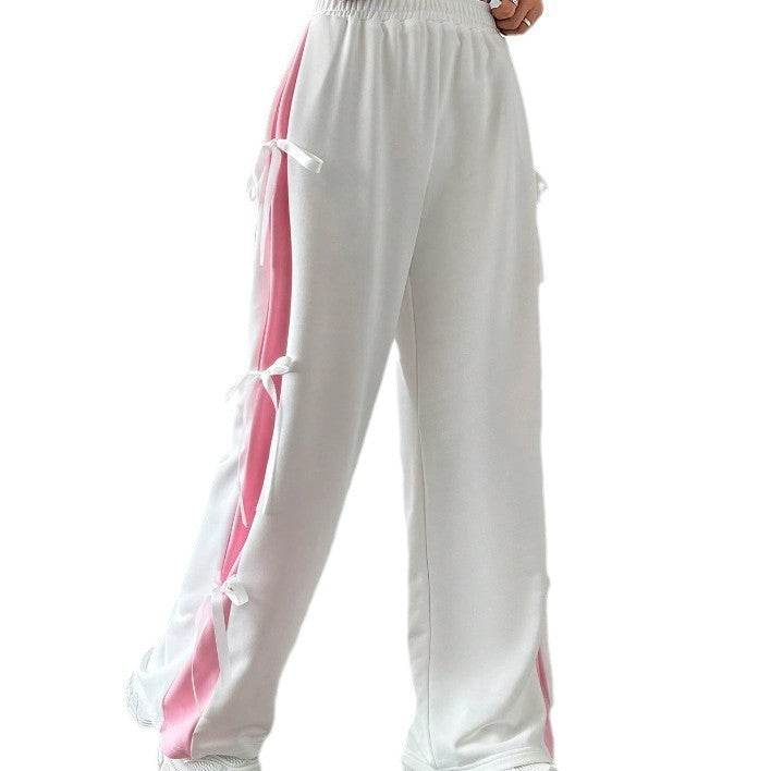 Women's Contrast Color Straight-Leg Trousers - Stylish Mid Rise, Elastic Waist - Buy Center