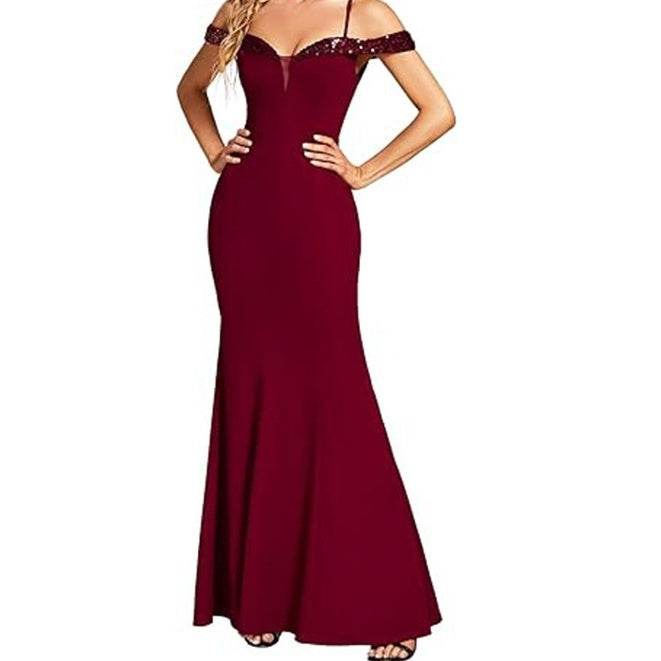 Women's Off-Neck Sling Evening Dress - Short Sleeve, Distressed Style - Buy Center