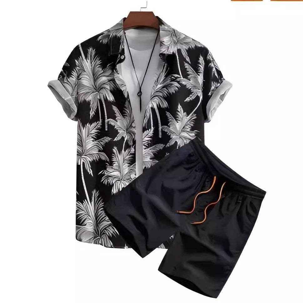 Black and White Striped Hawaiian Shirt Set for Men - Casual Summer Style