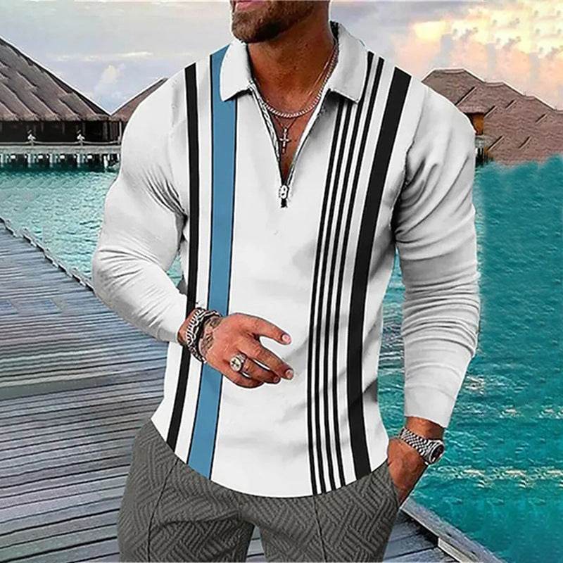 Men's Long Sleeve Color Matching Polo Shirt - Stylish Zipper T-Shirt Top - Buy Center