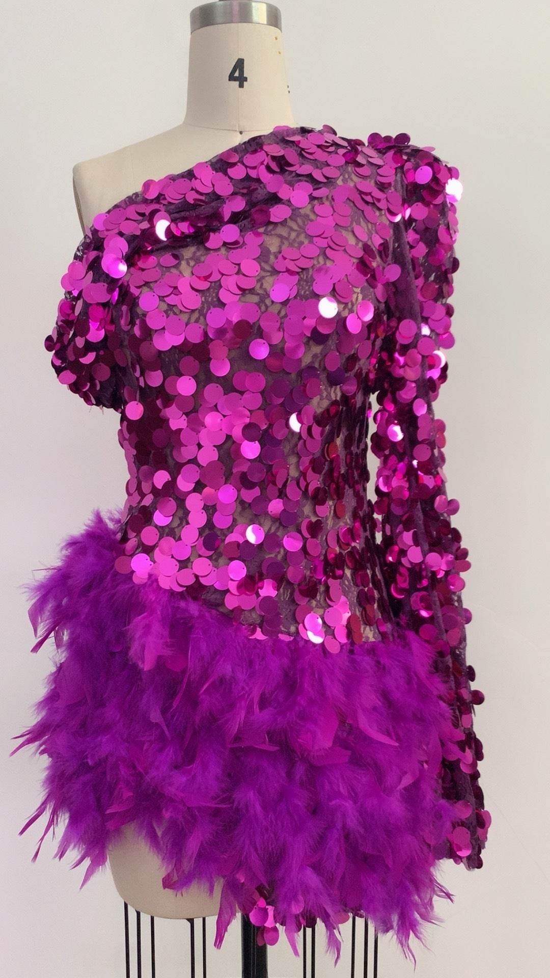 Luxury Purple Sequined Feather Skirt Dress - One-Shoulder Cocktail Glamour - Buy Center