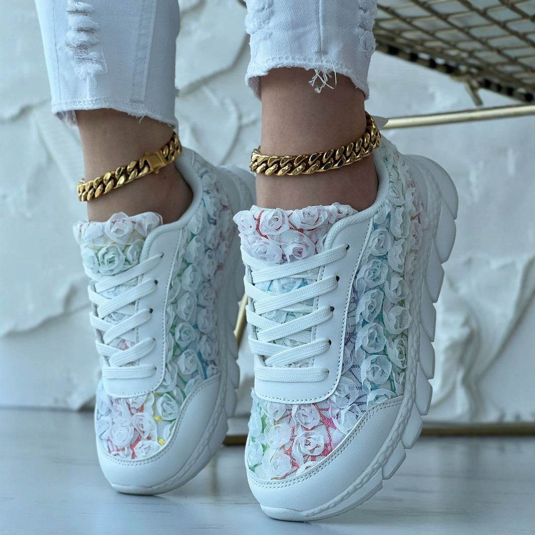 Stylish Three-Dimensional Rose Mesh Sneakers - Casual Flats for Women - Buy Center