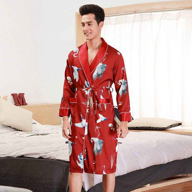 Long-Sleeved Men's Silk Bathrobe - Comfortable Homewear for Relaxation