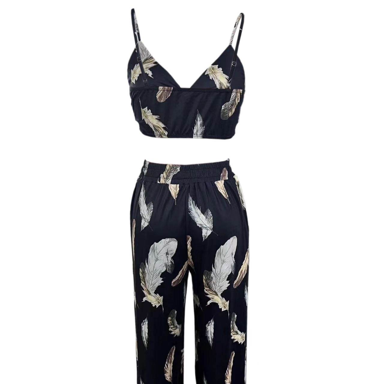 Buycenter Ladies' High Waist Drawstring Pants - Feather Flower Print Set - Buy Center