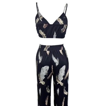 Buycenter Ladies' High Waist Drawstring Pants - Feather Flower Print Set - Buy Center
