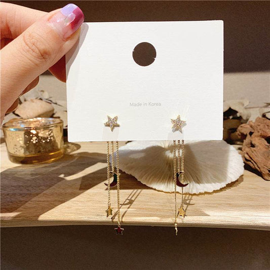 Buycenter Gold Star Moon Long Fringe Earrings - Fashionable Alloy Style - Buy Center