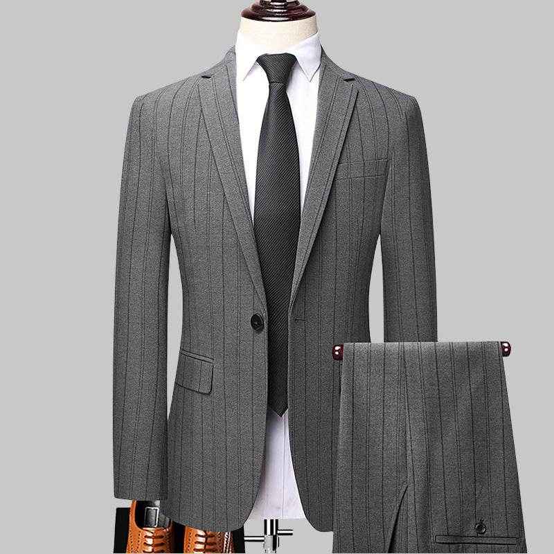 Korean Slim Striped Men's Suit Set - Elegant Business Wear for All Seasons