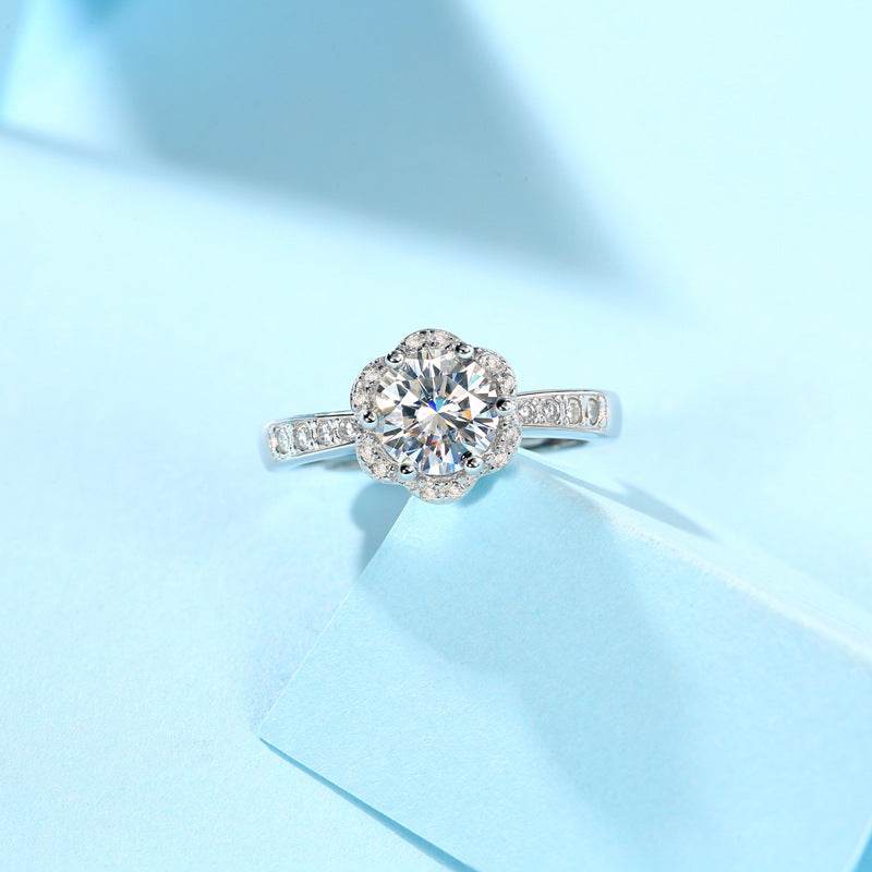 Buycenter Moissanite Flower Ring - Adjustable Silver Geometric Design - Buy Center