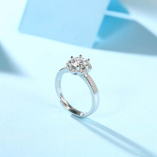 Buycenter Moissanite Flower Ring - Adjustable Silver Geometric Design - Buy Center