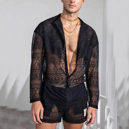 Buycenter Men's Summer Suit - Casual Long Sleeve Shirt & Shorts Set - Buy Center