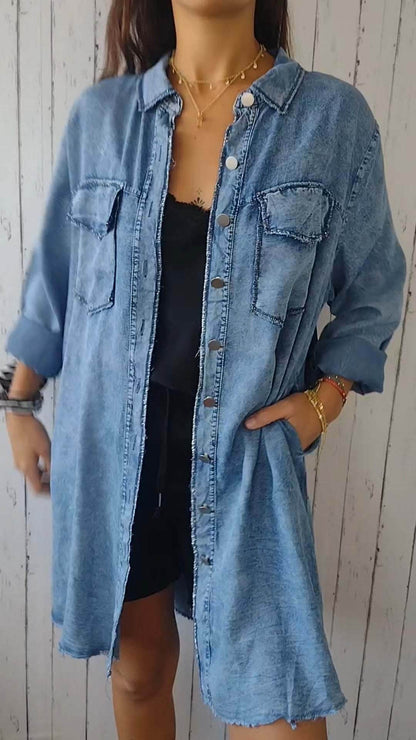 Buycenter Jean-like Casual Long Shirt Coat - Cotton & Linen for Women - Buy Center