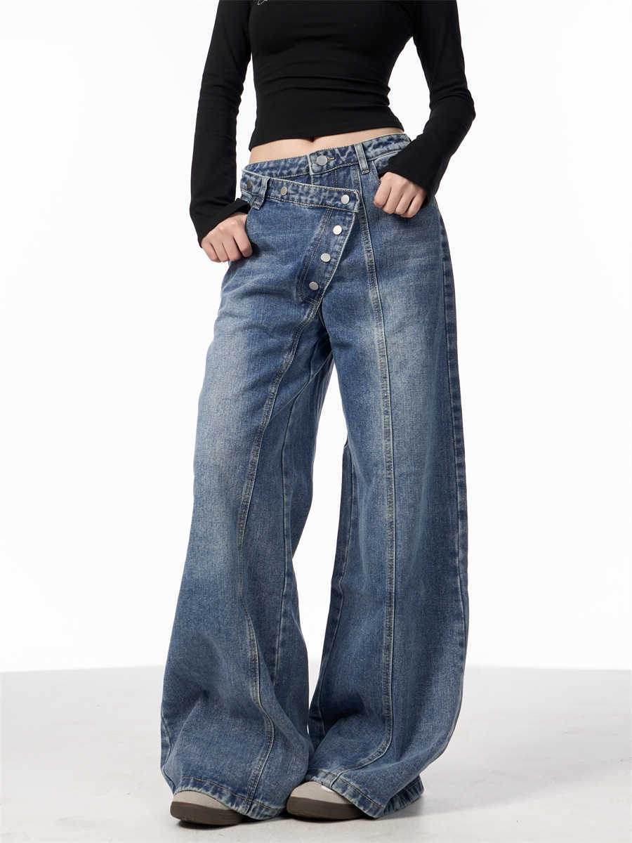 Irregular Breasted Blue Wide Leg Jeans - Trendy Loose Fit for Women - Buy Center