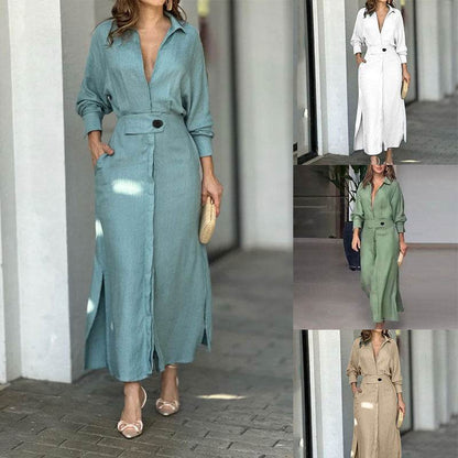 Buycenter Women's Long-Sleeved Dress - Elegant Tied Waist, Solid Colors - Buy Center