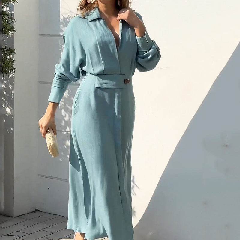 Buycenter Women's Long-Sleeved Dress - Elegant Tied Waist, Solid Colors - Buy Center