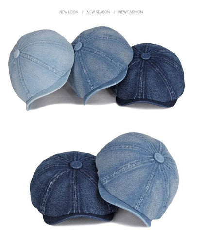 Spring & Autumn Washed Denim Beret - Stylish Octagonal Design for All Seasons - Buy Center