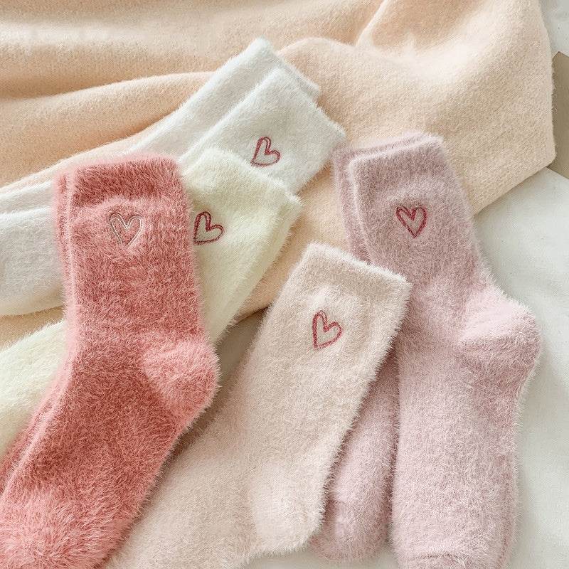Women's Love Embroidered Plush Socks - Cozy Mink Fur, Non-Slip Design - Buy Center