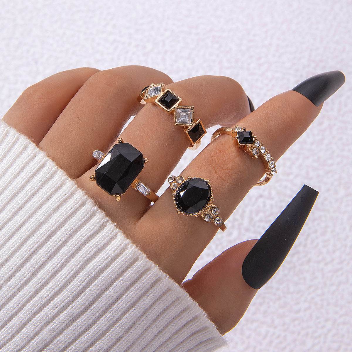 Buycenter Color Diamond Four-Piece Ring Set - Stylish Alloy Geometry - Buy Center