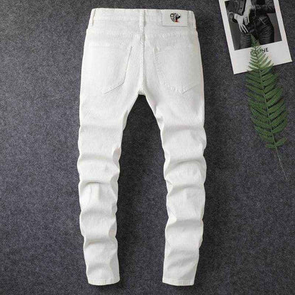Men's Slim Fit White Ripped Jeans - Trendy Patchwork Style for 2025
