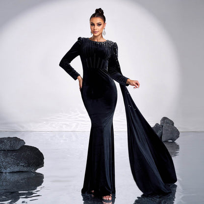 Elegant Velvet Round Neck Dress - Long Sleeve Rhinestone Evening Wear - Buy Center