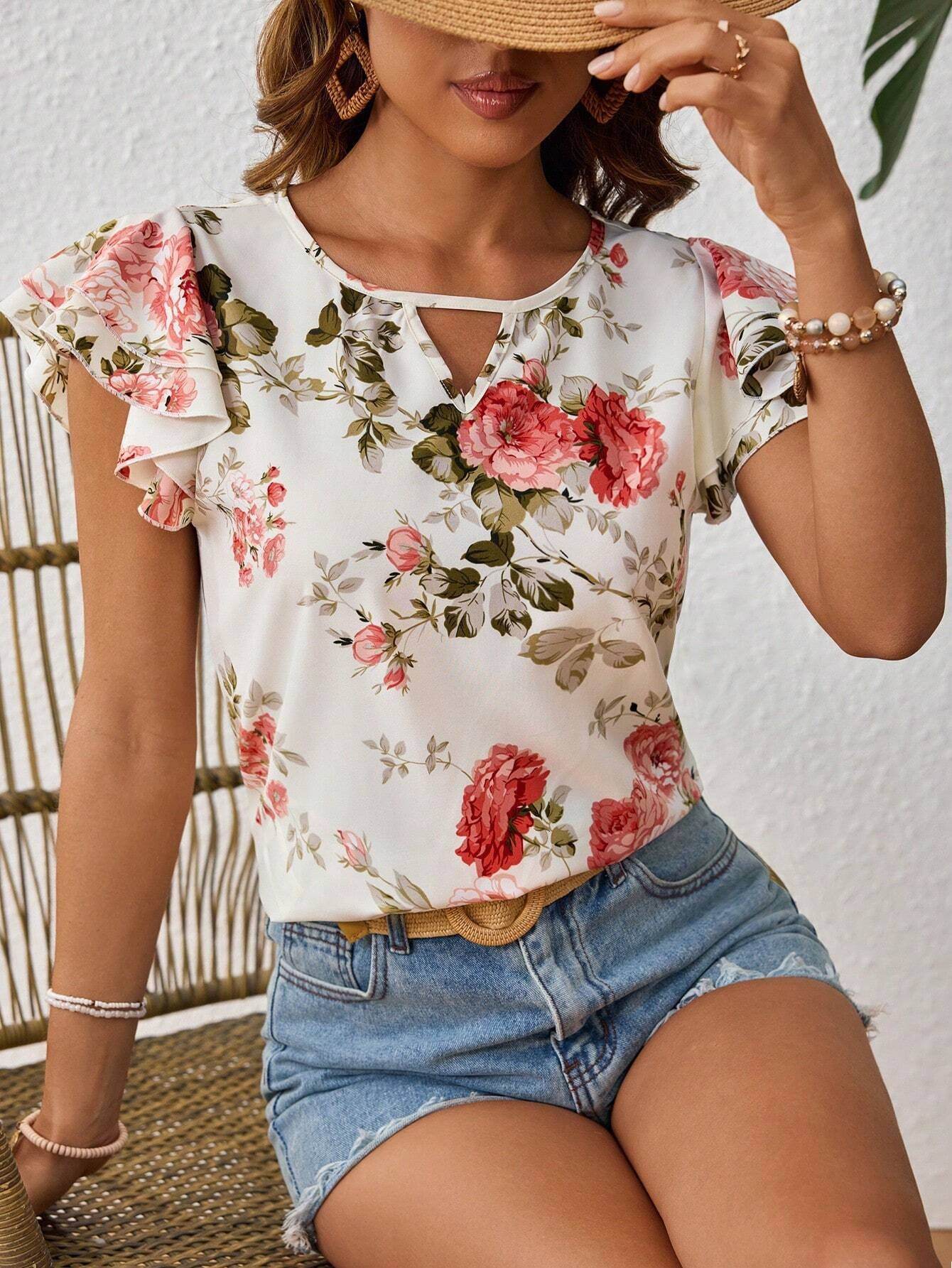 Buycenter Women's Floral Print Short Sleeve Shirt - Summer Fashion Ruffled Top - Buy Center
