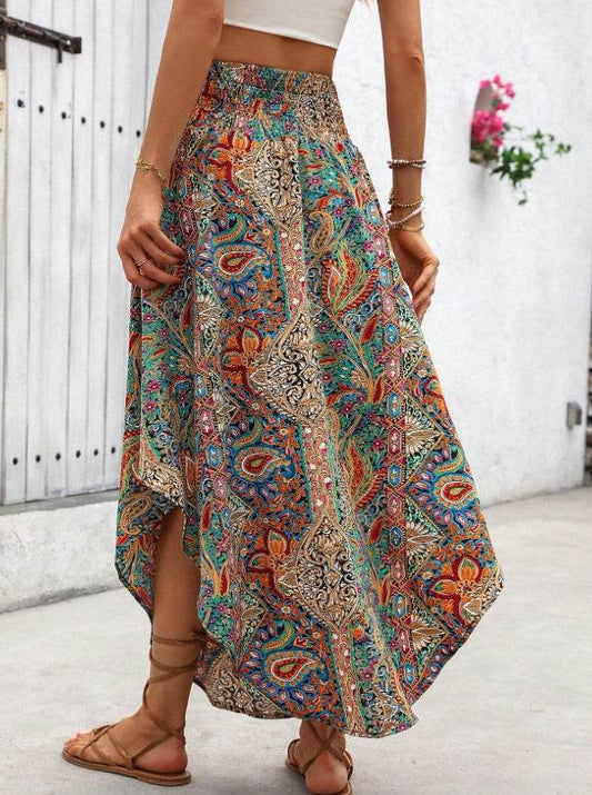 Buycenter Women's Asymmetrical Chevron Print Skirt - Dark Green Boho Style - Buy Center