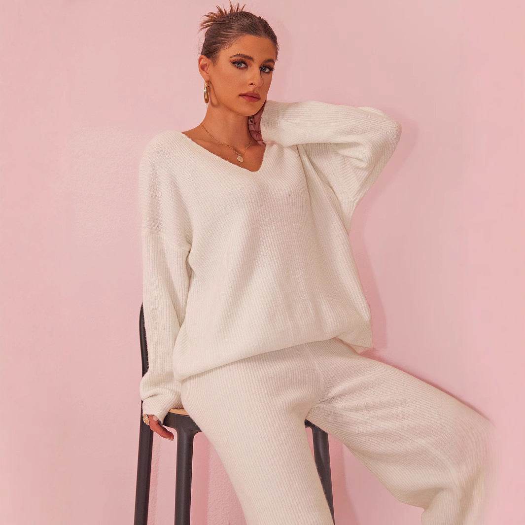 Stylish Knitted Sunken Stripe Long Sleeve Suit - Versatile Two-Piece Set - Buy Center