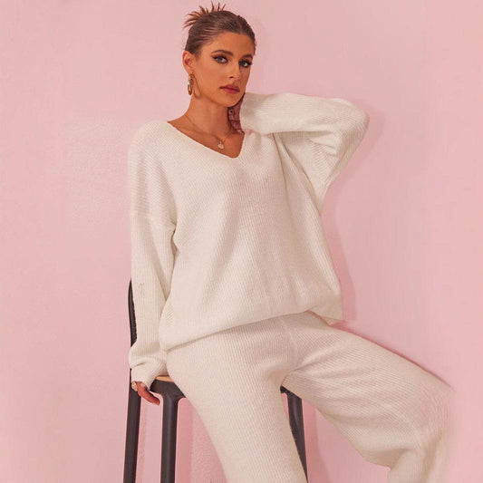 Stylish Knitted Sunken Stripe Long Sleeve Suit - Versatile Two-Piece Set - Buy Center