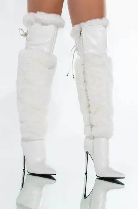 Buycenter Women's Over-the-Knee Stiletto Boots - Solid Color Plush Design - Buy Center