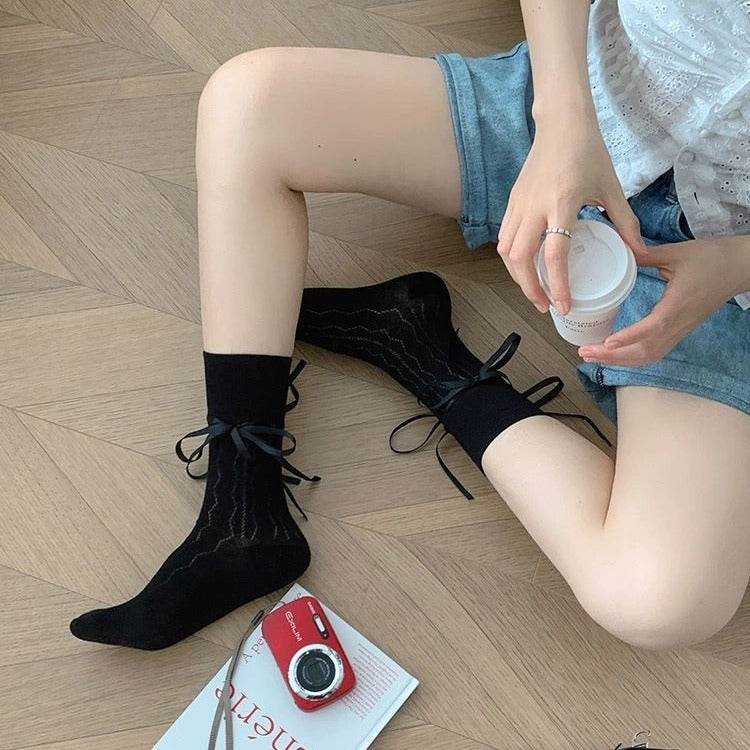 Women’s Mid-Calf Bow Socks - Stylish Straps in White, Black, Pink, Gray - Buy Center