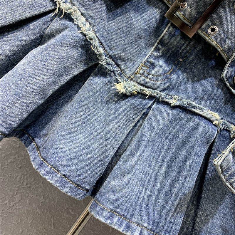Retro Light Blue A-Line Denim Skirt - Stylish Pleated Design for Girls - Buy Center