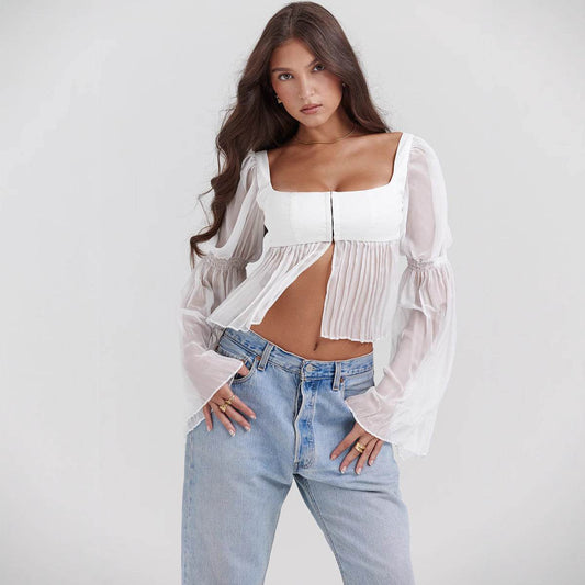 Buycenter Elegant Sheer Long Sleeve Square Collar Top - Fashionable Blouse - Buy Center