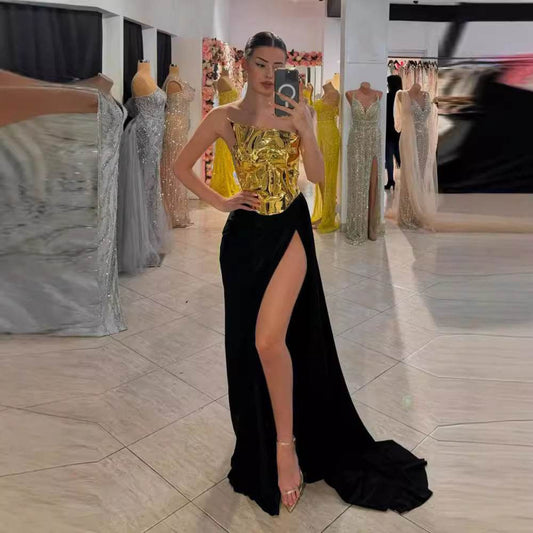 Elegant Black Two-Piece Dress Set - Backless One-Shoulder Satin Style - Buy Center
