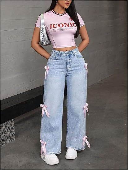 Buycenter Women's Bowknot Collage Jeans - Loose Straight-Leg Pants - Buy Center