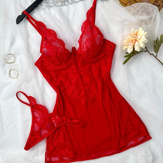 Elegant Cutout Sling Tulle Lace Pajamas for Women - See-Through Comfort - Buy Center