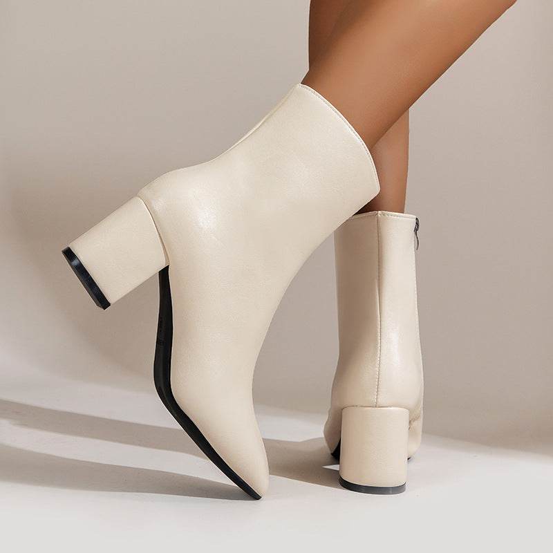 Women's High Heel Boots - Stylish Chunky Square Toe, Side Zipper Design - Buy Center