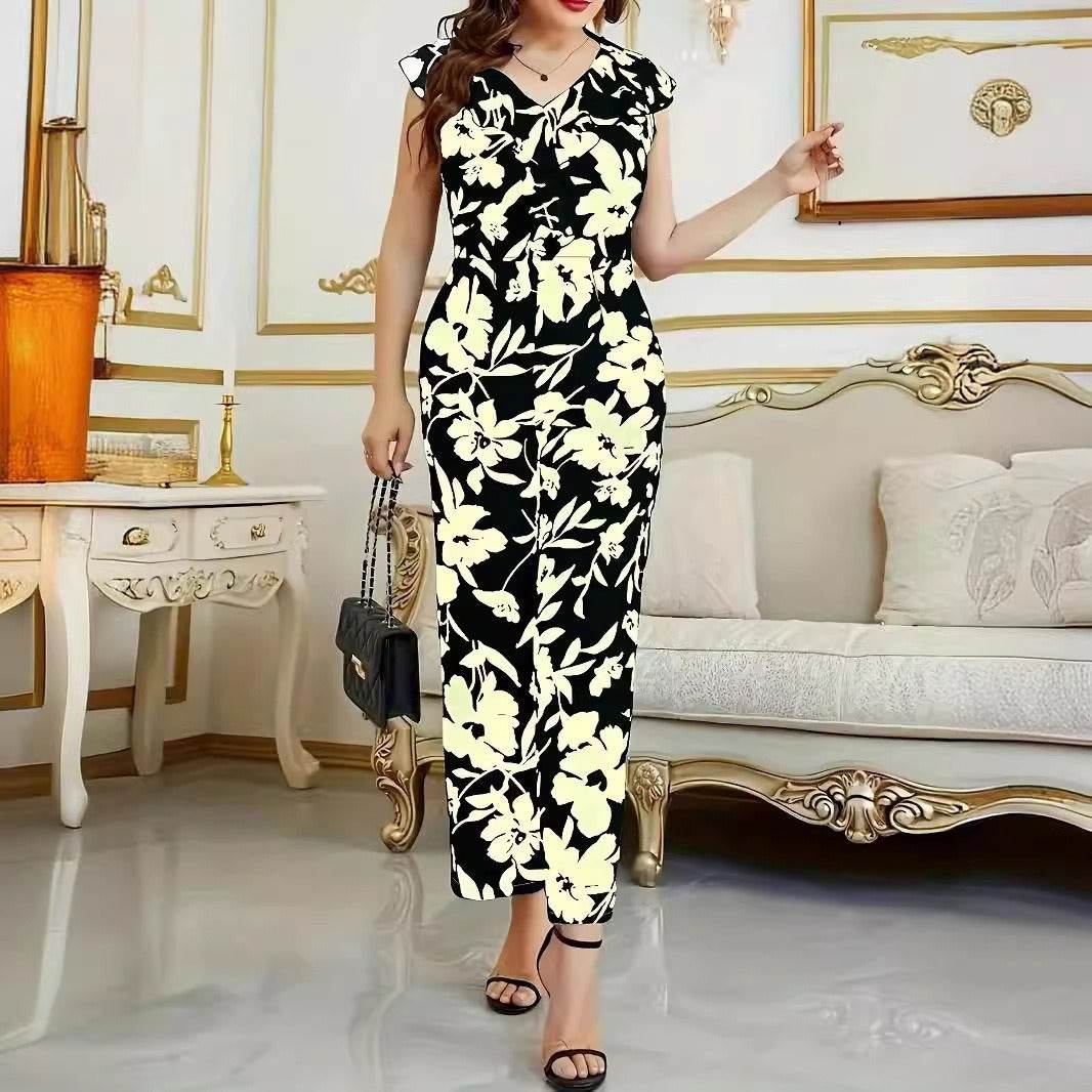 Women's Floral Printed Jumpsuit - Sleeveless V-Neck with Pockets - Buy Center
